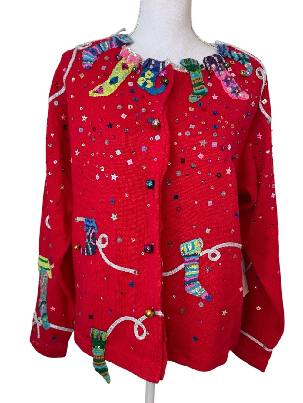 NWT Design Options Philip Jane Gordon Vintage Christmas Stocking Sequin Cardigan